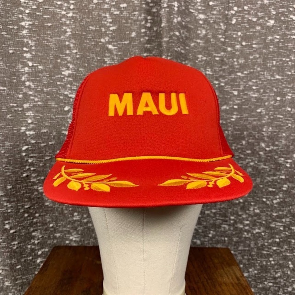 Vintage Hawaiian Headwear Maui Mesh Trucker Hat Red Gold Leaves Rope Retro